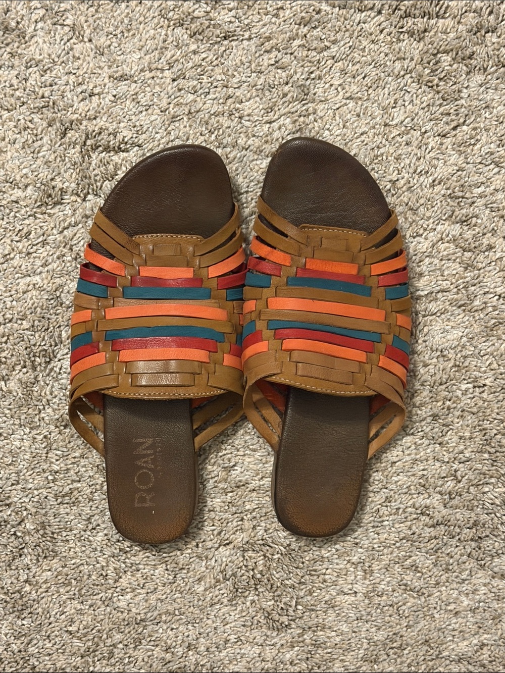 Woven Multi-Stripe Slide Sandals in Tan, Red & Teal - Women